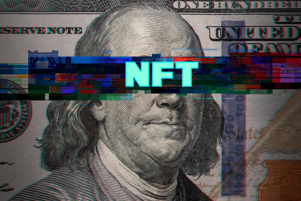 Abstract glitch with word NFT on 100 Dollar bill.