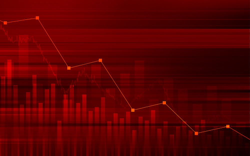 Abstract financial background with downtrend line graph and bar chart in stock market on gradient red color