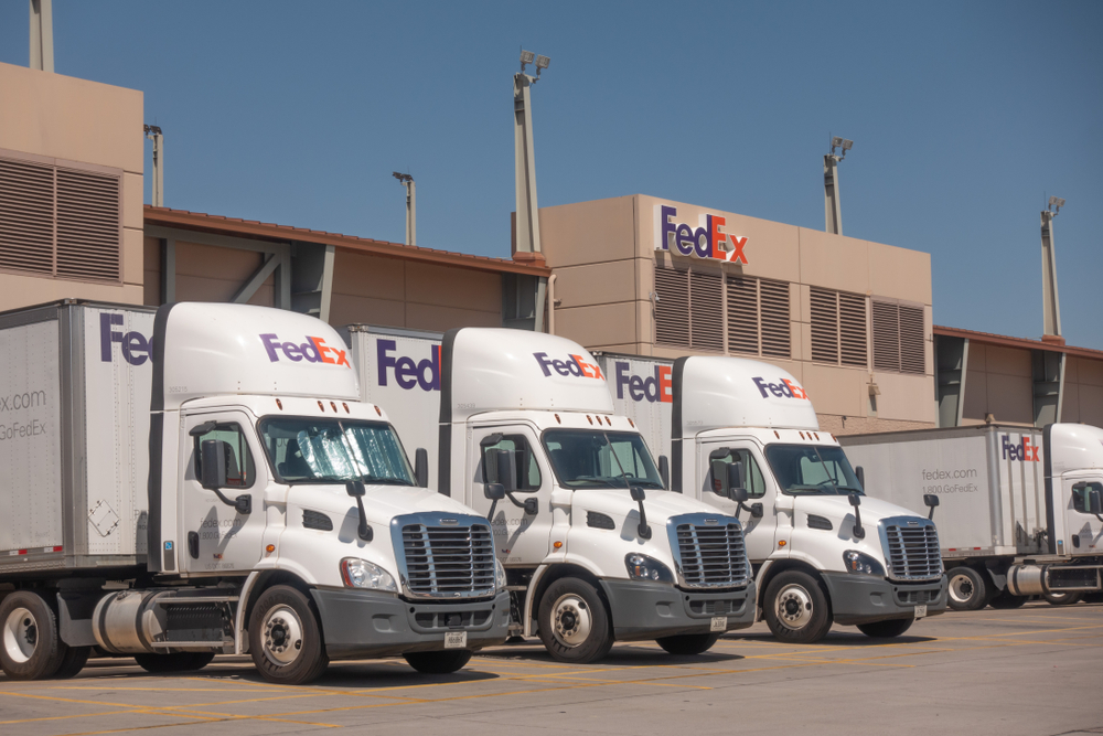 Large FedEx delivery trucks
