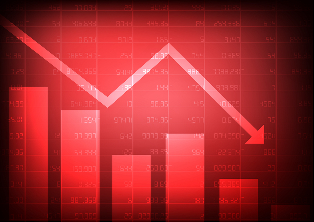 Vector : Red stock market with decreasing arrow on red background