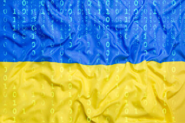 Data protection, binary code with Ukraine flag