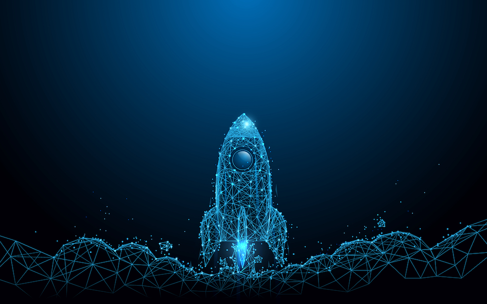 Rocket launch. Business startup concept form lines, triangles and particle style design. Illustration vector