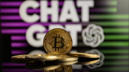 A physical Bitcoin (BTC) coin in front of the logo of Chat GPT