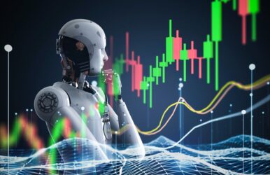 Financial technology concept with 3d rendering robot analyze stock market big data